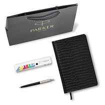 Ручка шариковая PARKER "Jotter Plastic CT", корпус черный, ежедневник А5 черный, золотой срез, пакет, 880894