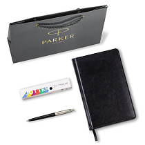 Ручка шариковая PARKER "Jotter Plastic CT", корпус черный, ежедневник А5 черный, белый срез, пакет, 880895